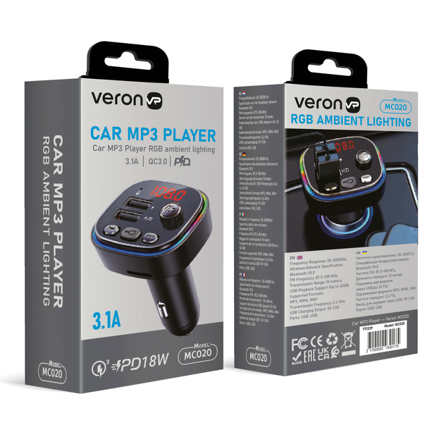 Fm модулятор MP3 12-24 В 5-10 м Bluetooth 5.0 USB Type C Veron MC020 цвет микс - зображення 5