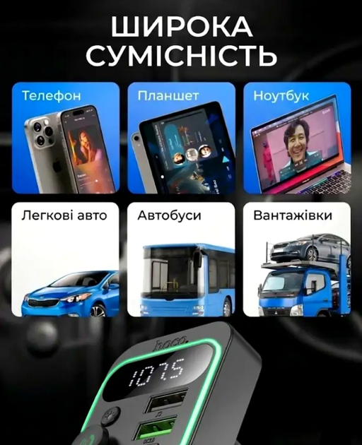 FM трансмиттер MP3 3.0A PD20W Bluetooth 5.4 USB-C USB-A Hoco E85 - зображення 9