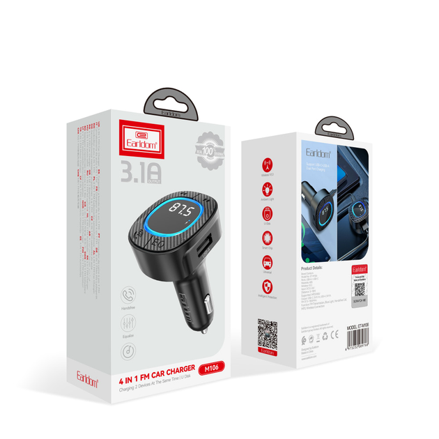 Fm модулятор MP3 с зарядкой 3.0A TYPE-C и USB Bluetooth 5.3 для автомобиля черный Earldom ET-M106 - изображение 2