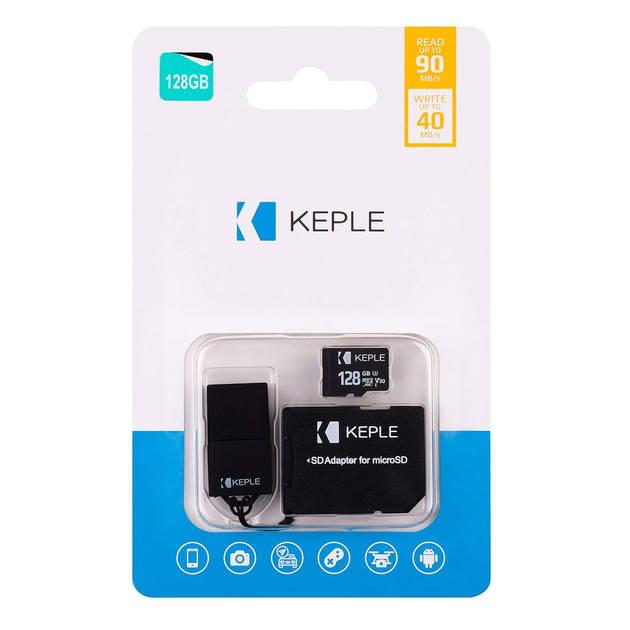 Карта пам'яті Keple microSD 128 ГБ Class 10 UHS-I U1, 30 МБ/с, SD-адаптер + USB-кардрідер - зображення 4