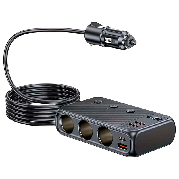 Автомобільний зарядний пристрій від прикурювача з 3 розетками, 3 USB, USB Type-C, вольтметр - Фото 1 Автомобільний зарядний пристрій від прикурювача з 3 розетками, 3 USB, USB Type-C, вольтметр - зображення 1