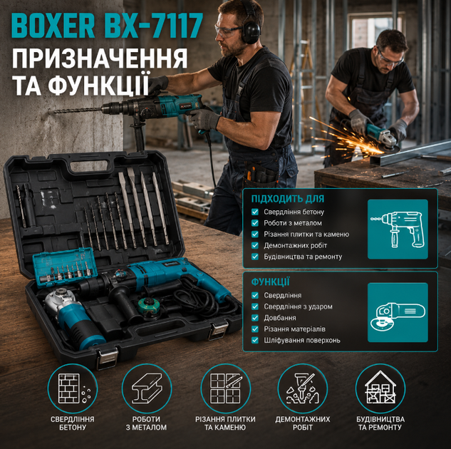 Набір інструментів BOXER BX 7117 перфоратор і кутова шліфувальна машина 220 В 900 Вт диск 125 мм патрон 13 мм у кейсі - Фото 2 Набір інструментів BOXER BX 7117 перфоратор і кутова шліфувальна машина 220 В 900 Вт диск 125 мм патрон 13 мм у кейсі - зображення 2