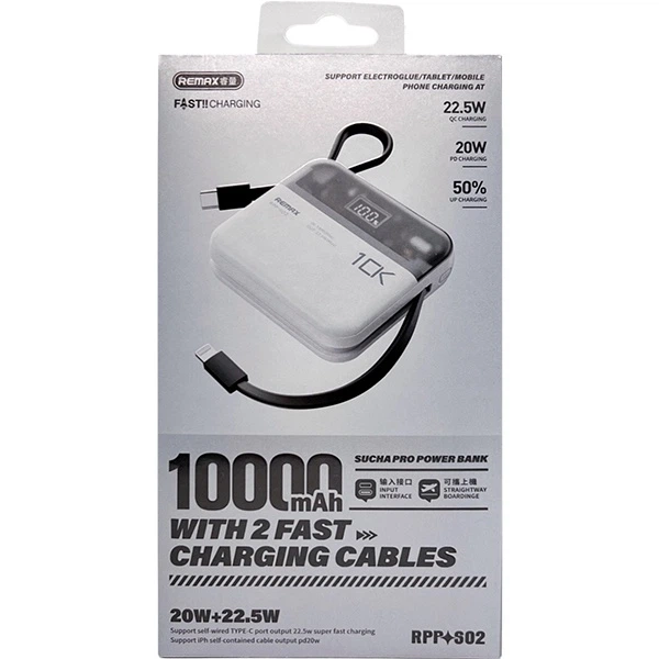 Павербанк Remax RPP-602 / 10000 мАч / до 22.5 Вт / USB-A, USB-C, Lightning / PD+QC / С кабелем / Белый - изображение 7