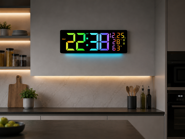 Настенные электронные LED часы 6669R с RGB подсветкой, термометром, гигрометром, будильником и пультом ДУ (42х15.5х3.5 см) - Фото 3 Настенные электронные LED часы 6669R с RGB подсветкой, термометром, гигрометром, будильником и пультом ДУ (42х15.5х3.5 см) - изображение 3