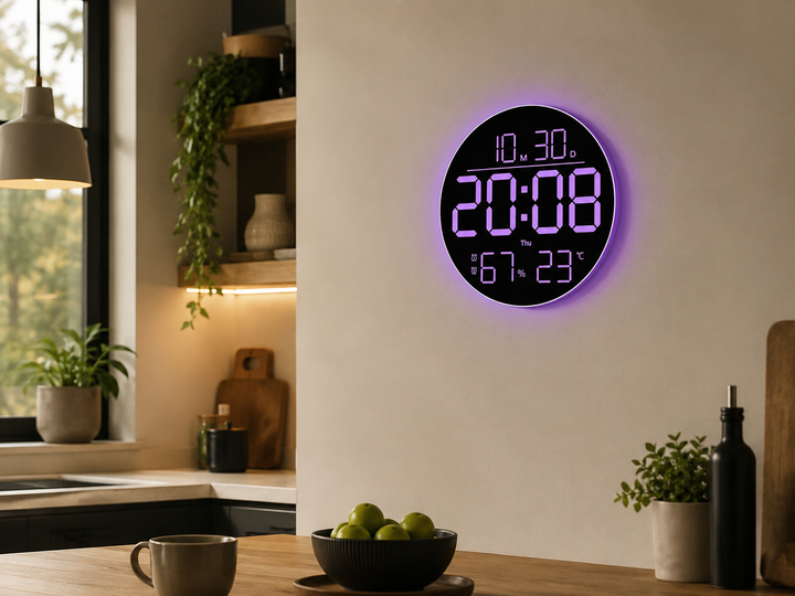 Настенные LED-часы 6695R круглые RGB с пультом управления и календарем 25,5 см 13 цветов цифр для дома - изображение 5