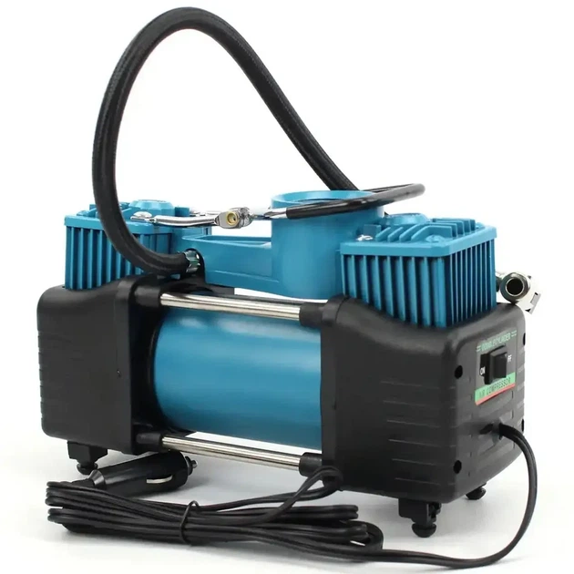 Автомобильный компрессор AD 636060 2-поршневой 12V с набором инструментов для ремонта шин в кейсе, зелёный - изображение 3