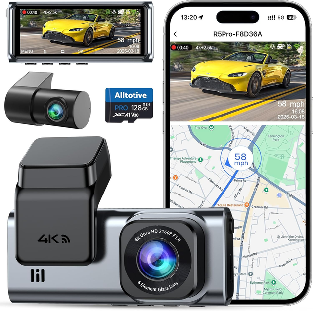 Відеореєстратор ALLTOTIVE R5 Pro 4K + 2.5K, 2 камери, Wi-Fi 5 ГГц, GPS, карта 128 ГБ, IPS 3,16″, WDR - зображення 2
