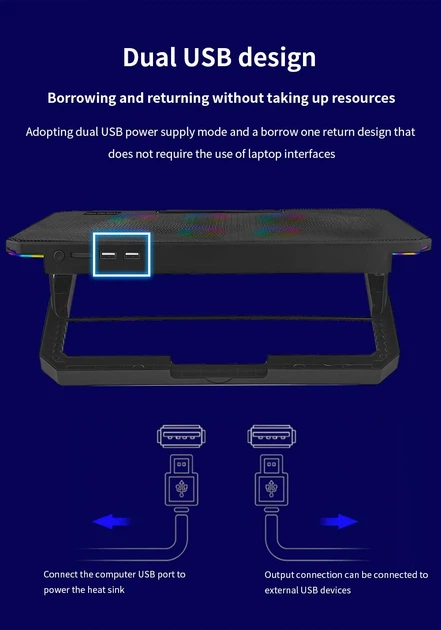 Подставка для ноутбука, охлаждающая Givecool X8 с регулировкой угла наклона (до 17", 2USB, 6 вентиляторов, RGB подсветка, подставка для телефона) - изображение 10