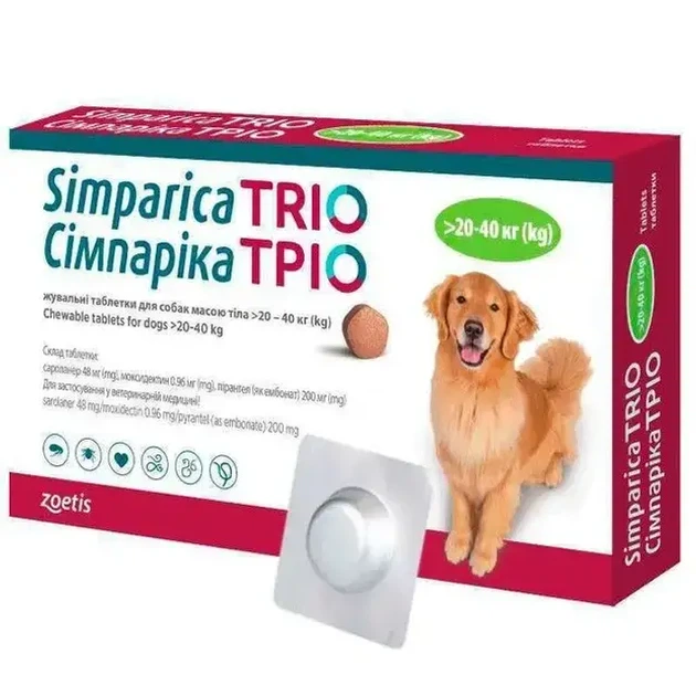 Симпарика Трио (Simparica Trio) для собак 20–40 кг — таблетки от блох, клещей и гельминтов, 3 шт., Zoetis - изображение 2