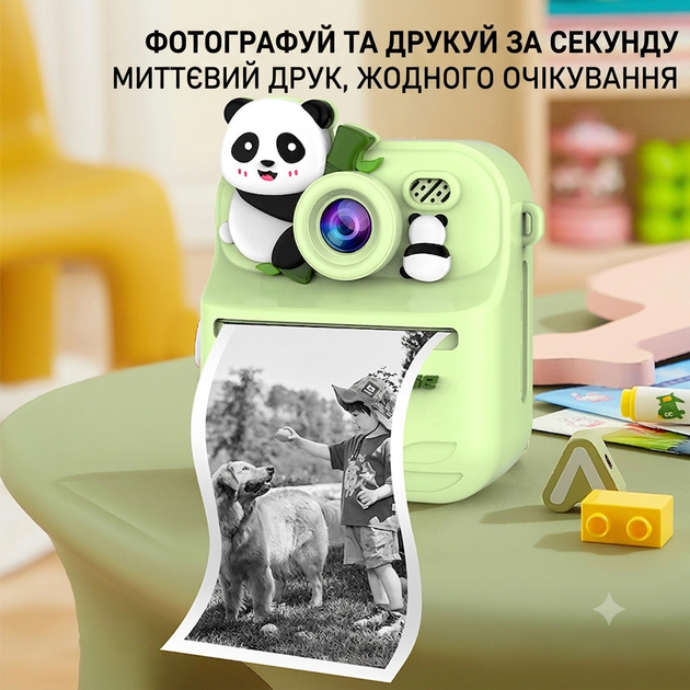 Детский фотоаппарат на 32ГБ с фронтальной камерой и функцией мгновенной печати с 3 рулонами бумаги и картридером – зеленая Панда - изображение 4