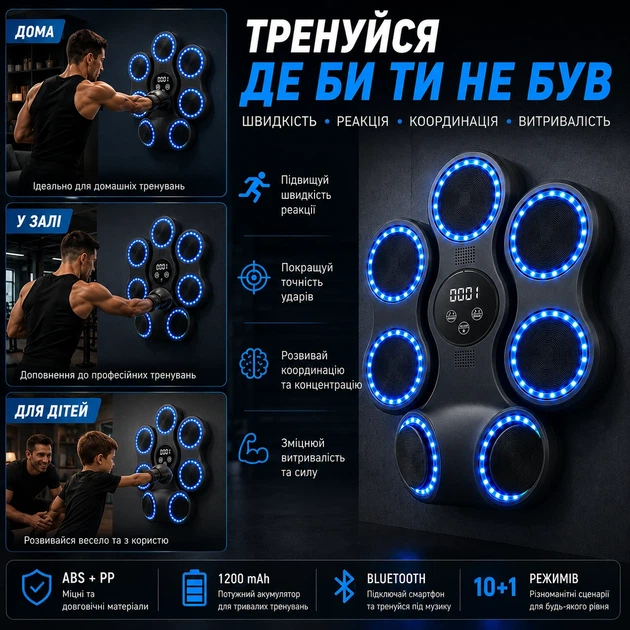 Настінний боксерський тренажер ProDobro PP_4419 розумна мішень LED Bluetooth 45,5х37,5х10 см пластик чорний - зображення 6