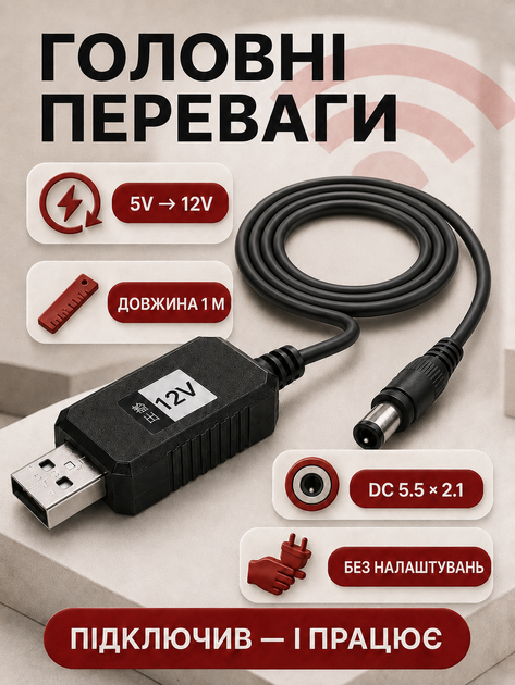 Кабель живлення для роутера від павербанка USB DC перехідник USB to DC 5.5×2.1 підвищувальний адаптер 5V–12V шнур для Wi-Fi модема та маршрутизатора конвертер живлення безперебійне живлення інтернет UPS - Фото 4 Кабель живлення для роутера від павербанка USB DC перехідник USB to DC 5.5×2.1 підвищувальний адаптер 5V–12V шнур для Wi-Fi модема та маршрутизатора конвертер живлення безперебійне живлення інтернет UPS - зображення 4