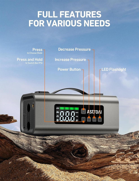 Пусковое устройство AstroAI MF159 2500A для авто бустер Jump Starter 12V компрессор 150 PSI бензин до 7.5 л дизель до 5 л - изображение 5