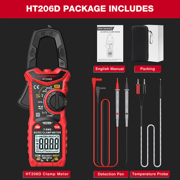 Токовые клещи HABOTEST HT206D (AC/DC 600A,600В,10 МГц, 60MOm, 100мФ, TrueRMS, LowZ, LPF, NCV, TºС) - изображение 4