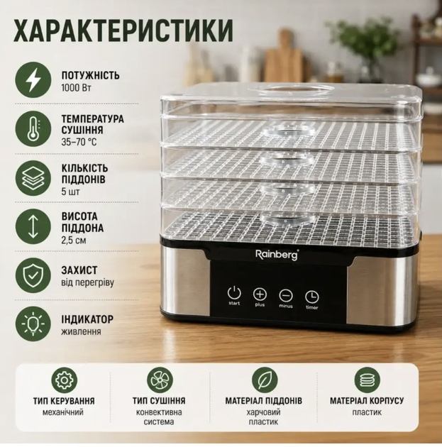 Сушарка для овочів і фруктів 35-70 °C 1000вт Побутовий дегідратор для грибів і ягід Електросушарка для кухні - изображение 2
