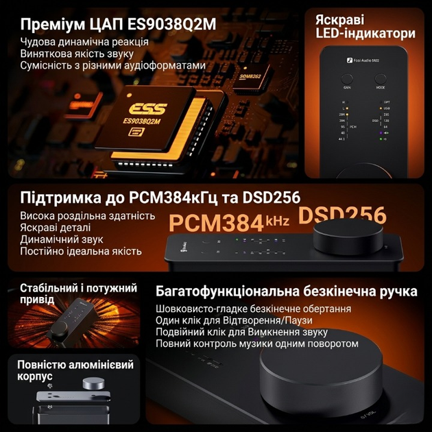 Підсилювач звуку Fosi Audio SK02 — портативний настільний ЦАП на ES9038Q2M, 1100 мВт (Jack 3.5 / Jack 4.4) - изображение 4