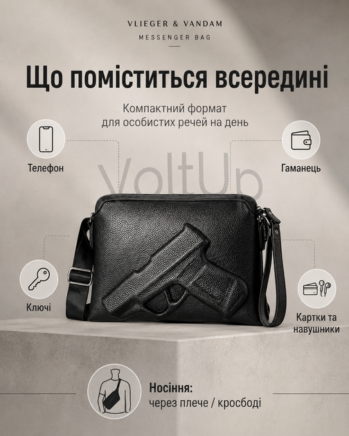 Сумка Vlieger & Vandam Messenger чорна з об’ємним декором у формі пістолета — чоловіча через плече - зображення 2