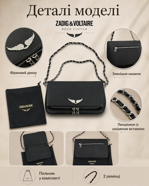Сумка клатч Zadig & Voltaire Rock чорна — жіноча через плече з двома ремінцями та пильником у комплекті - зображення 5