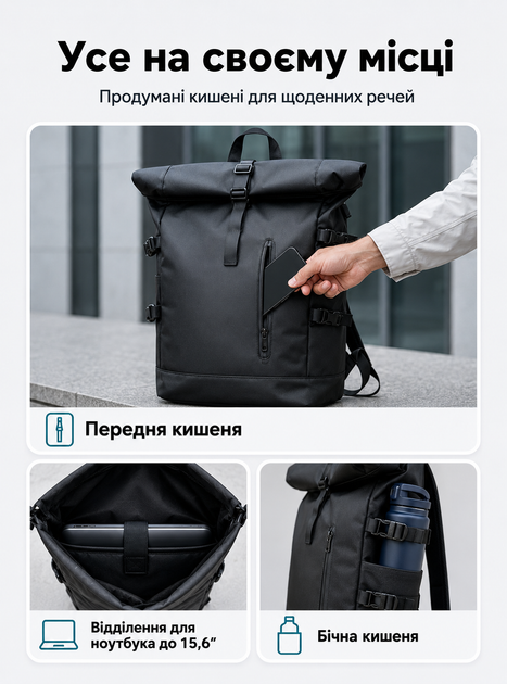 Рюкзак подростковый городской для студента школьный мужской спортивный женский стильный молодежный водонепроницаемый для подростка ноутбука путешествий портфель для мальчика девочки повседневный для города вместительный OnePro Черный 72215 - Фото 3 Рюкзак подростковый городской для студента школьный мужской спортивный женский стильный молодежный водонепроницаемый для подростка ноутбука путешествий портфель для мальчика девочки повседневный для города вместительный OnePro Черный 72215 - изображение 3