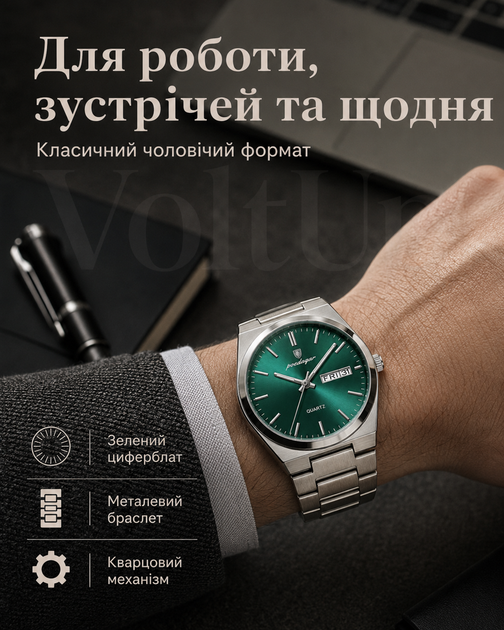 Часы мужские Poedagar 730 зеленый – наручные кварцевые с металлическим браслетом и коробкой - изображение 3