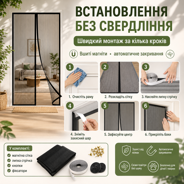 Магнітна москітна сітка на двері з вшитими магнітами та автоматичним закриванням 70 x 190 см - изображение 2