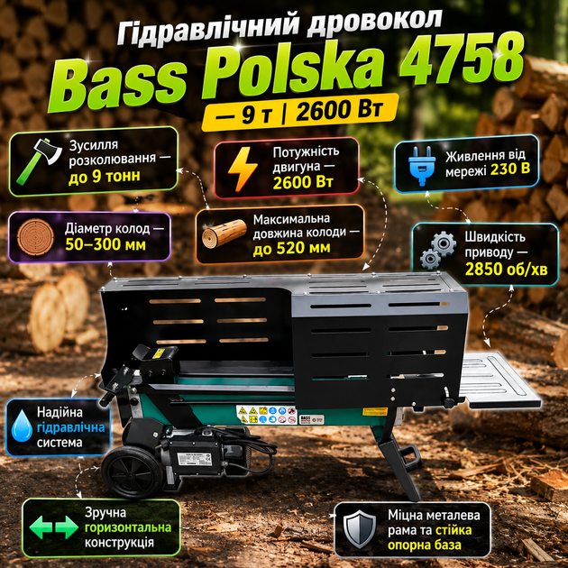 Дровокол гідравлічний Bass Polska - 9 т 2600 Вт Електро-колун для дров Горизонтальний дровокол електричний - зображення 3