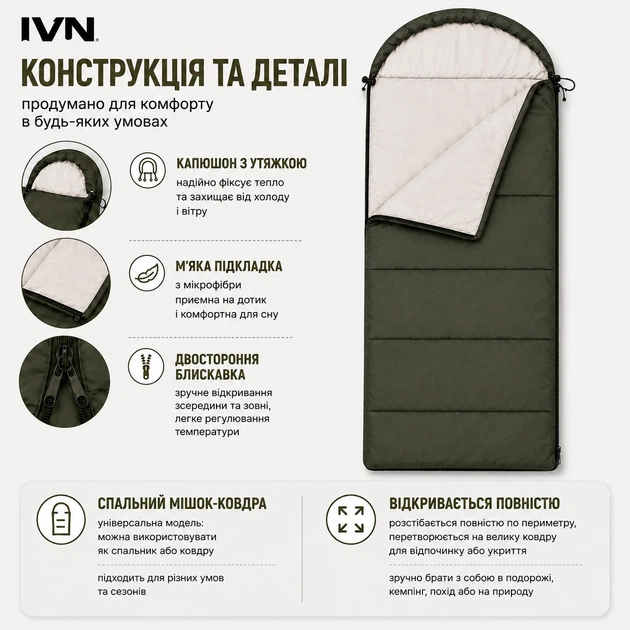 Спальный мешок-одеяло IVN с капюшоном 220×75 см, микрофибра, 200 г/м², олива NE-S-1278 - Фото 4 Спальный мешок-одеяло IVN с капюшоном 220×75 см, микрофибра, 200 г/м², олива NE-S-1278 - изображение 4