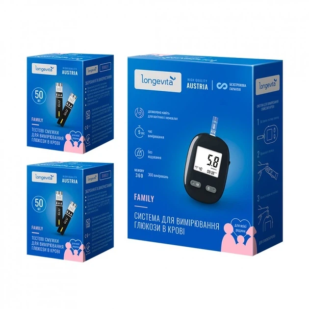 Глюкометр LONGEVITA Family+ Тест-смужки 100шт.(2х50шт/пач.) - Фото 1 Глюкометр LONGEVITA Family+ Тест-смужки 100шт.(2х50шт/пач.) - изображение 1