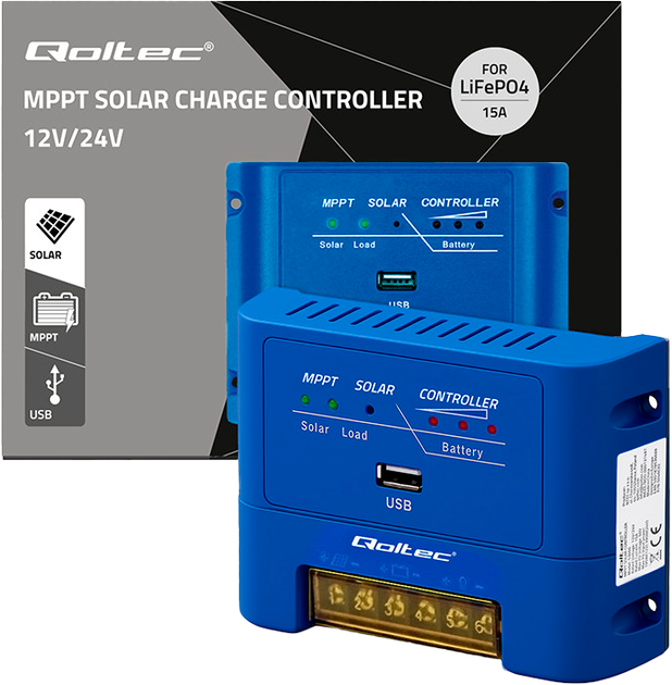 Контролер заряду сонячної батареї Qoltec MPPT 15 A для живлення споживачів постійного струму та заряджання акумуляторів 12 В / 24 В (5901878536712) - Фото 5 Контролер заряду сонячної батареї Qoltec MPPT 15 A для живлення споживачів постійного струму та заряджання акумуляторів 12 В / 24 В (5901878536712) - зображення 5