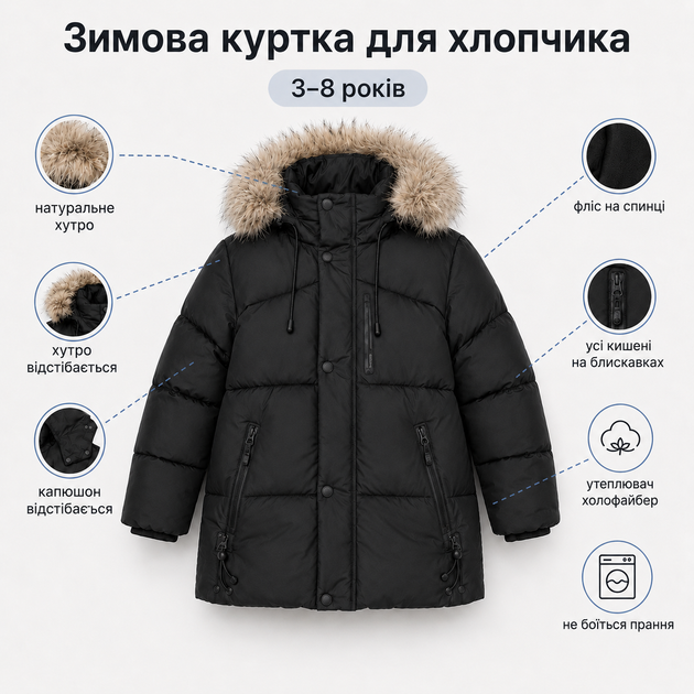 Куртка зимняя BKX для мальчика с натуральным мехом,Черный, 110 - Фото 4 Куртка зимняя BKX для мальчика с натуральным мехом,Черный, 110 - изображение 4