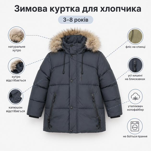Куртка зимняя BKX для мальчика с натуральным мехом,Графит, 104 - Фото 2 Куртка зимняя BKX для мальчика с натуральным мехом,Графит, 104 - изображение 2