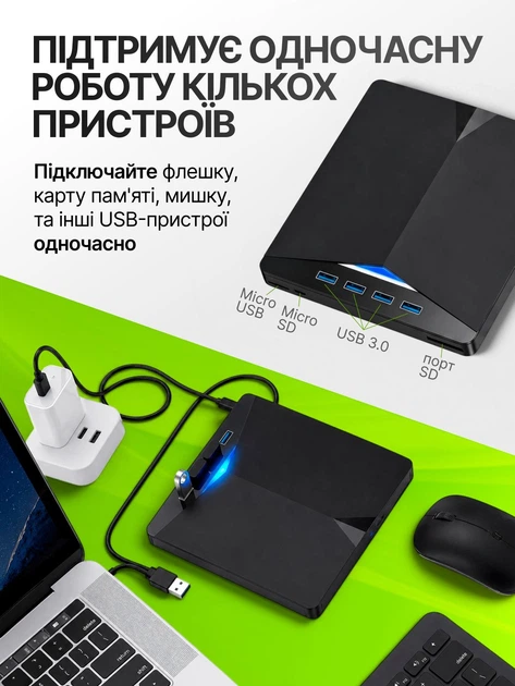 Внешний CD/DVD RW дисковод с USB хабом 10в1 USB 3.0 Type-C оптический ультратонкий с кардридером Micro SD для ноутбука MacBook компьютера ПК чтение и запись дисков портативный Plug&Play без драйверов без внешнего питания 5 Гбит Windows MacOS Linux - изображение 4