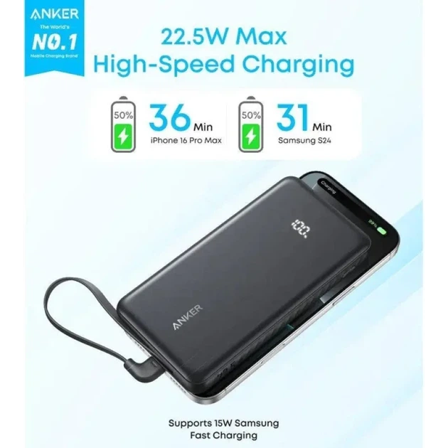 УМБ Anker 10000 mAh 22.5W Built-In USB-C Cable Black (A110DH11) - зображення 5