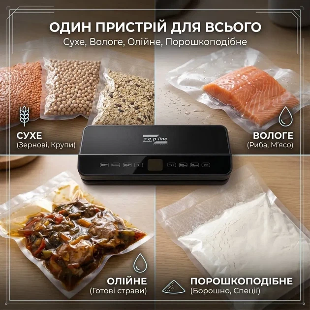 Вакуумний пакувальник 200Вт Zepline ZP-00373 з LED-підсвіткою та рулоном пакетів(17-Vol) - Фото 2 Вакуумний пакувальник 200Вт Zepline ZP-00373 з LED-підсвіткою та рулоном пакетів(17-Vol) - изображение 2