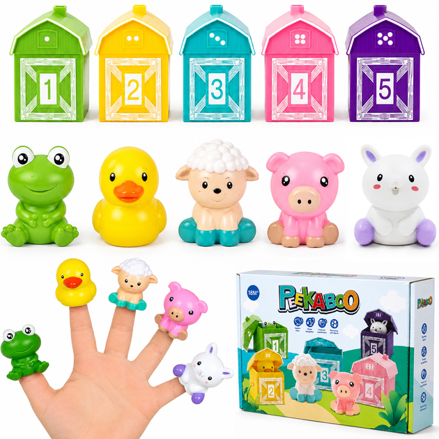 Развивающая игра Peekaboo 5 домиков, 5 фигурок, сортер по цвету, пальчиковый театр, Ферма - Фото 1 Развивающая игра Peekaboo 5 домиков, 5 фигурок, сортер по цвету, пальчиковый театр, Ферма - изображение 1
