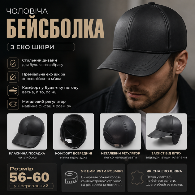 Чоловіча кепка-бейсболка з якісної екошкіри з вушками та флісовою підкладкою, чорна - зображення 2