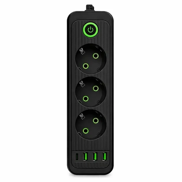 Мережевий фільтр чорний з вимикачем 3 розетки 3хUSB-A 1xUSB-C 3м HP-5-34 - Фото 1 Мережевий фільтр чорний з вимикачем 3 розетки 3хUSB-A 1xUSB-C 3м HP-5-34 - зображення 1