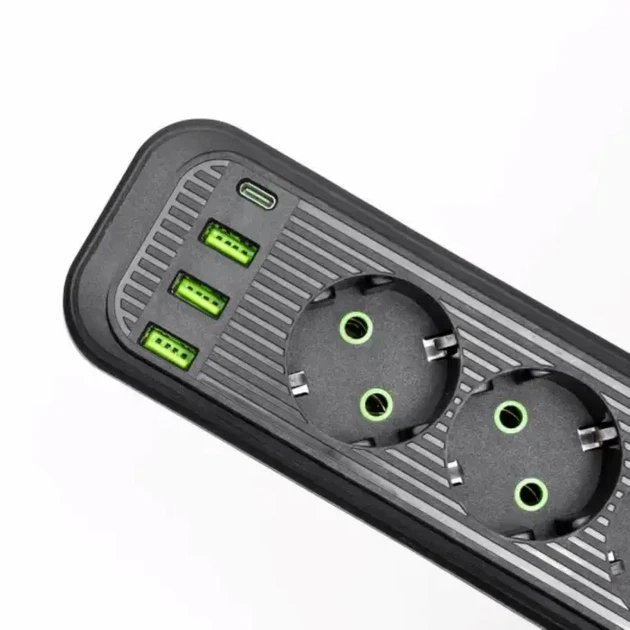 Мережевий фільтр чорний з вимикачем 3 розетки 3хUSB-A 1xUSB-C 3м HP-5-34 - Фото 3 Мережевий фільтр чорний з вимикачем 3 розетки 3хUSB-A 1xUSB-C 3м HP-5-34 - зображення 3
