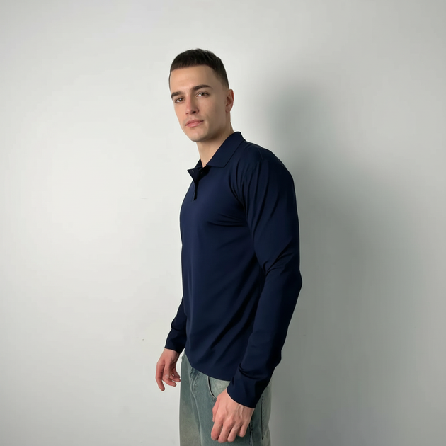 Поло чоловіче з довгим рукавом трикотаж синє, L-XL - Фото 4 Поло чоловіче з довгим рукавом трикотаж синє, L-XL - изображение 4