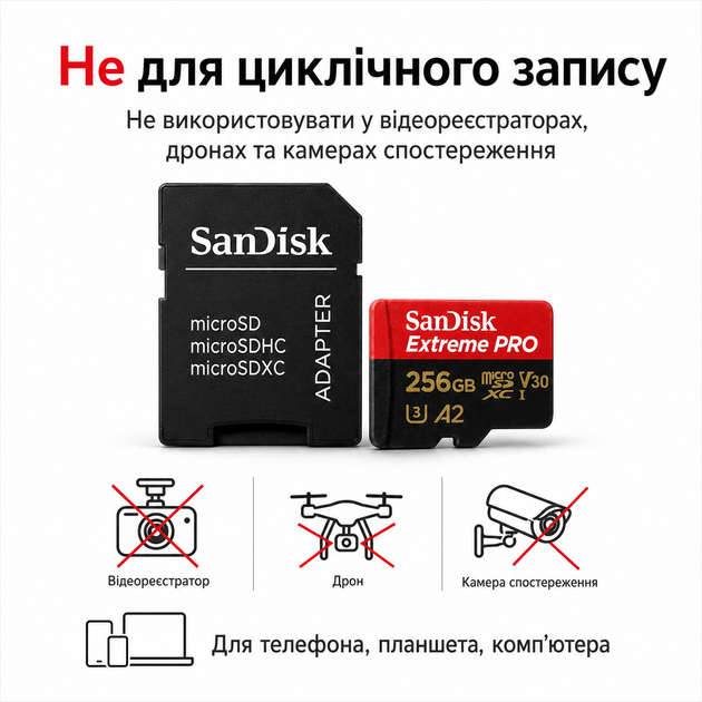Карта пам’яті SanDisk Extreme PRO microSDXC 256GB UHS-I U3 V30 A2 200MB/s для телефона, планшета, комп’ютера + SD-адаптер - зображення 4