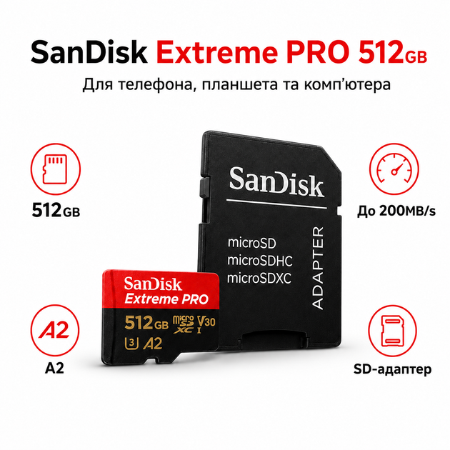Карта пам'яті SanDisk Extreme PRO microSDXC 512 GB 200MB/s для телефона, планшета, комп'ютера + SD-адаптер - зображення 5
