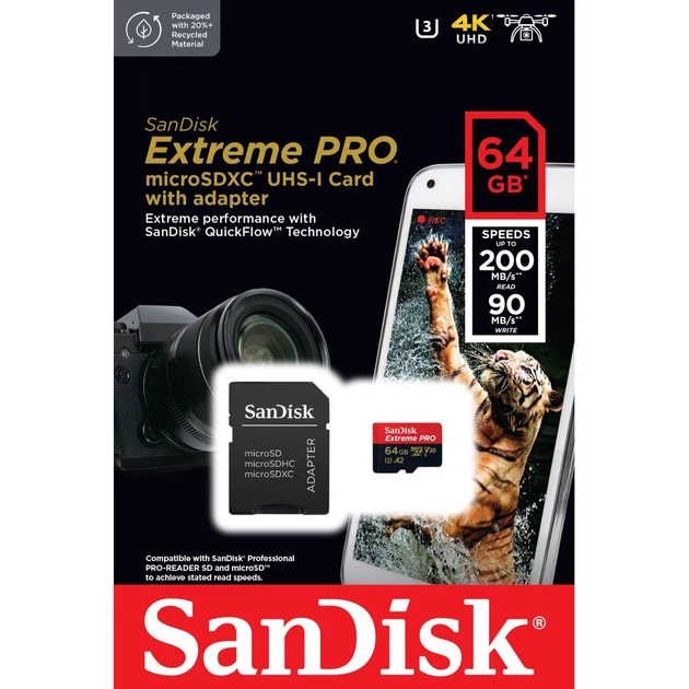 Карта пам'яті SanDisk microSDXC Extreme Pro 64GB UHS-I U3 V30 A2 + SD Adapter (SDSQXCU-064G-GN6MA) [174287] - зображення 3