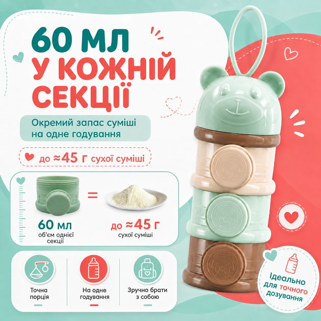 Контейнер дозатор для детской смеси на 3 секции, портативный органайзер для сухого молока и каш - изображение 4
