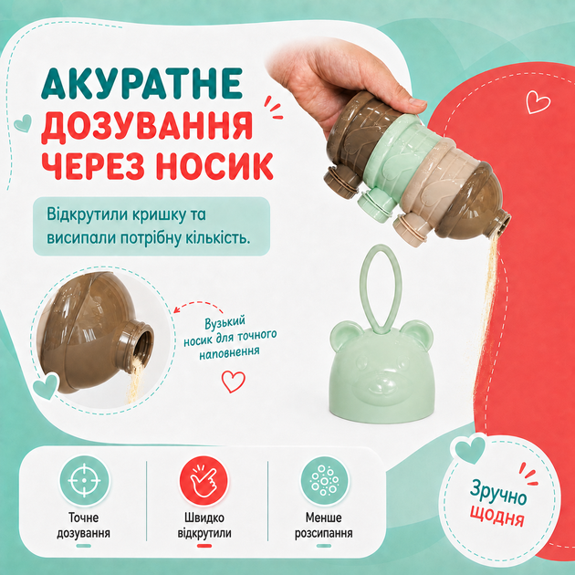 Контейнер дозатор для детской смеси на 3 секции, портативный органайзер для сухого молока и каш - изображение 7