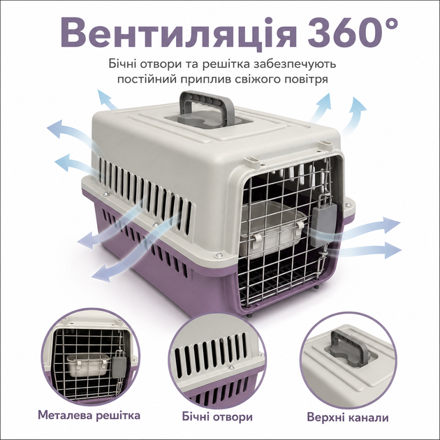 Переноска для кошек и собак до 12 кг 48×32×30 см — вентилируемая, с подвесной миской и мягким внутренним вкладышем KT8002013 - изображение 5