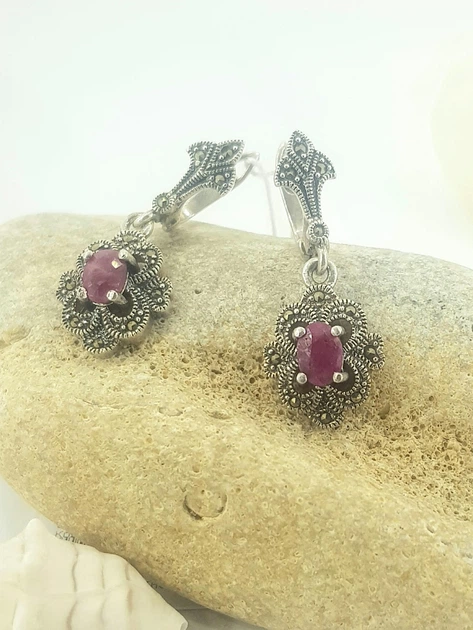 Серьги из серебра с рубіном и капельным серебром (103767/35) - изображение 3