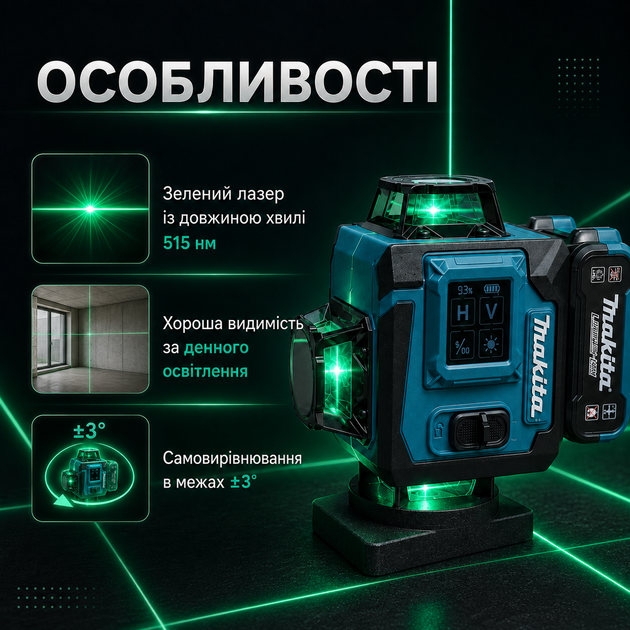 Лазерные уровни Makita Лазерный уровень Makita SK700GDZ 4D Нивелир на 16 зелёных линий Строительный лазер со штативом кейсом и двумя аккумуляторами - изображение 3