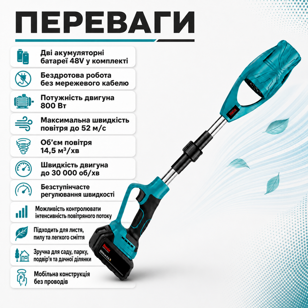 Аккумуляторная воздуходувка с двумя батареями для сада, парка и двора - изображение 2