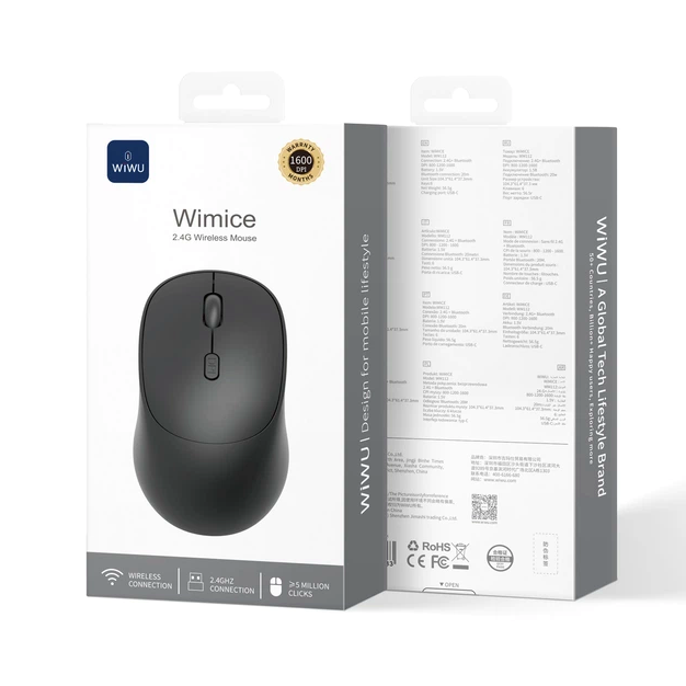 Беспроводная мышь 2.4G с 6 кнопками DPI 800 1200 1600 черная модель WiWU WM112 - Фото 9 Беспроводная мышь 2.4G с 6 кнопками DPI 800 1200 1600 черная модель WiWU WM112 - изображение 9