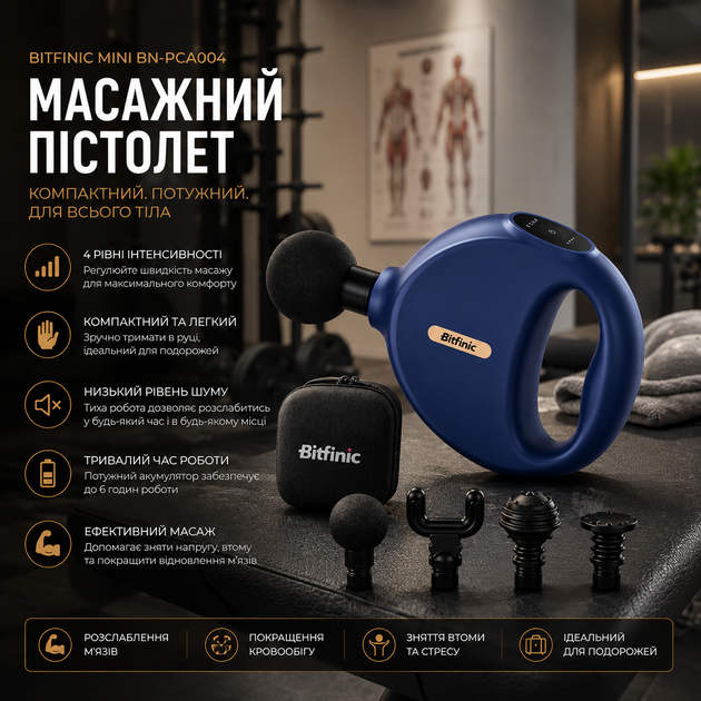 Массажный пистолет Bitfinic Mini BN-PCA004 ручной перкуссионный массажер для всего тела 4 скорости Синий - Фото 1 Массажный пистолет Bitfinic Mini BN-PCA004 ручной перкуссионный массажер для всего тела 4 скорости Синий - изображение 1